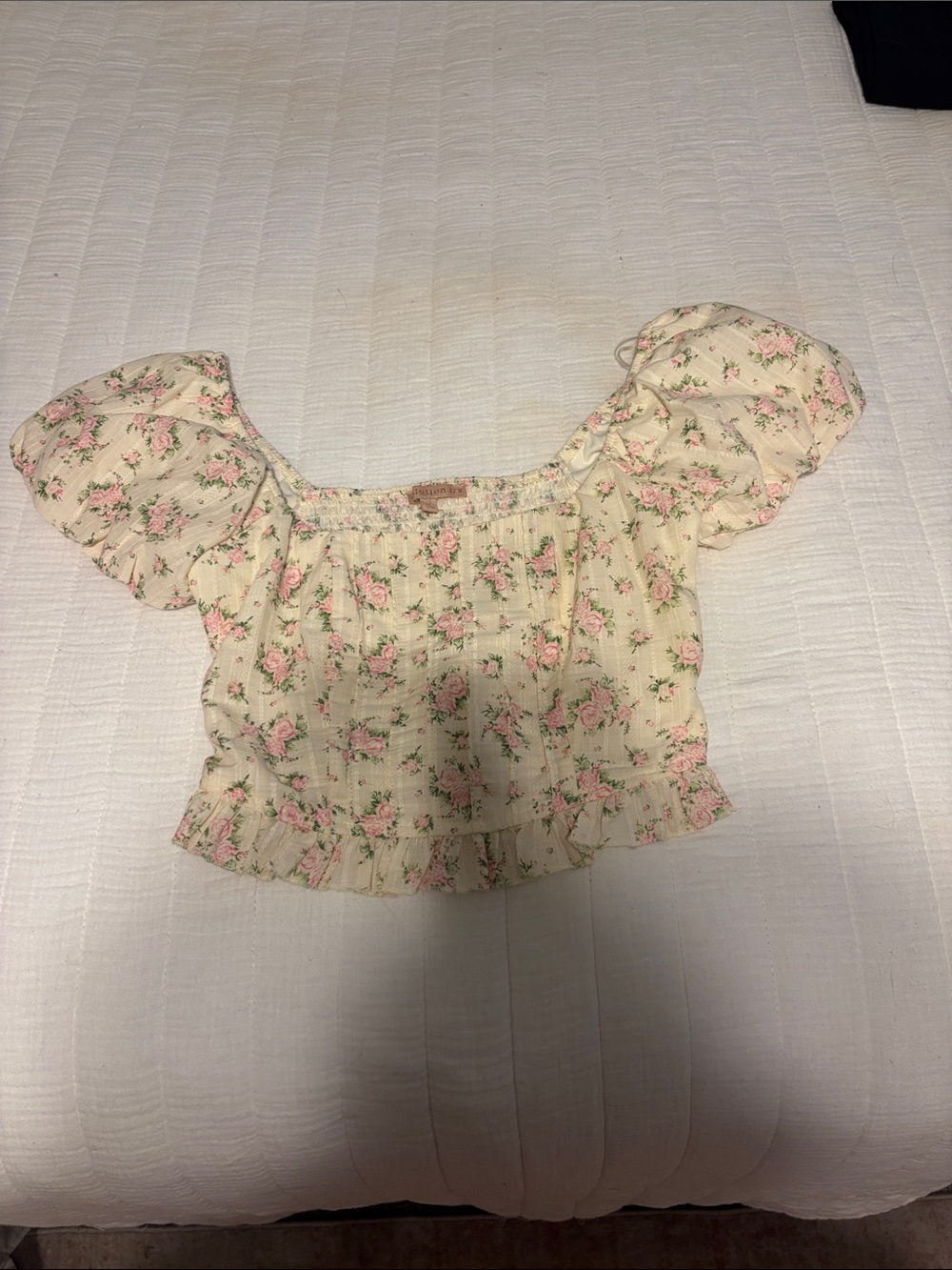 Floral Cream Off-Shoulder Ruffle Crop Top